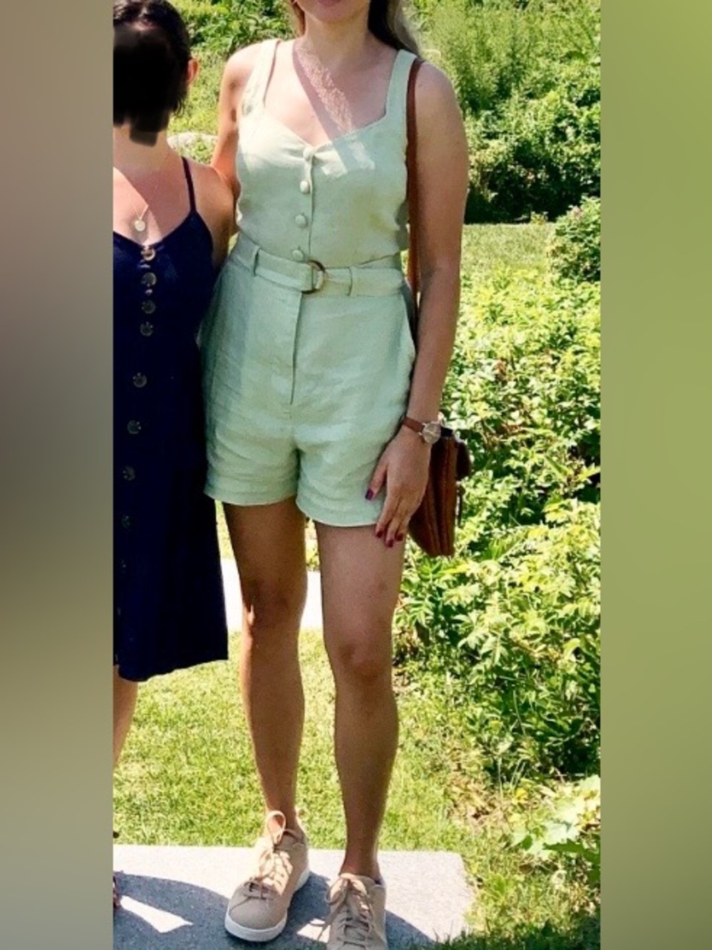 & Other Stories Mint Green Sleeveless Linen Romper with Belt
